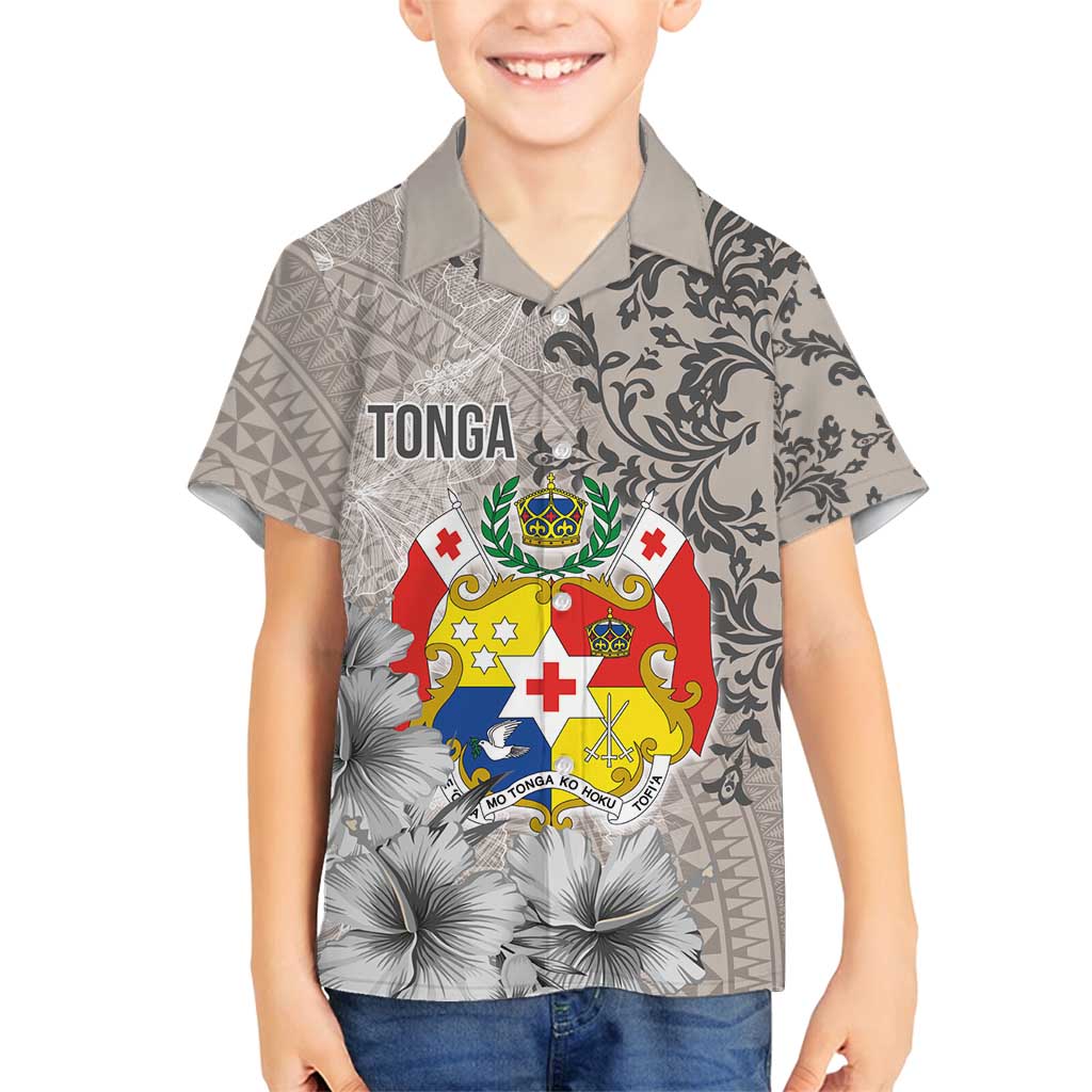 Tonga Culture Family Matching Long Sleeve Bodycon Dress and Hawaiian Shirt Ngatu Pattern and Blooming Hibiscus LT03 Son's Shirt Light Gray - Polynesian Pride