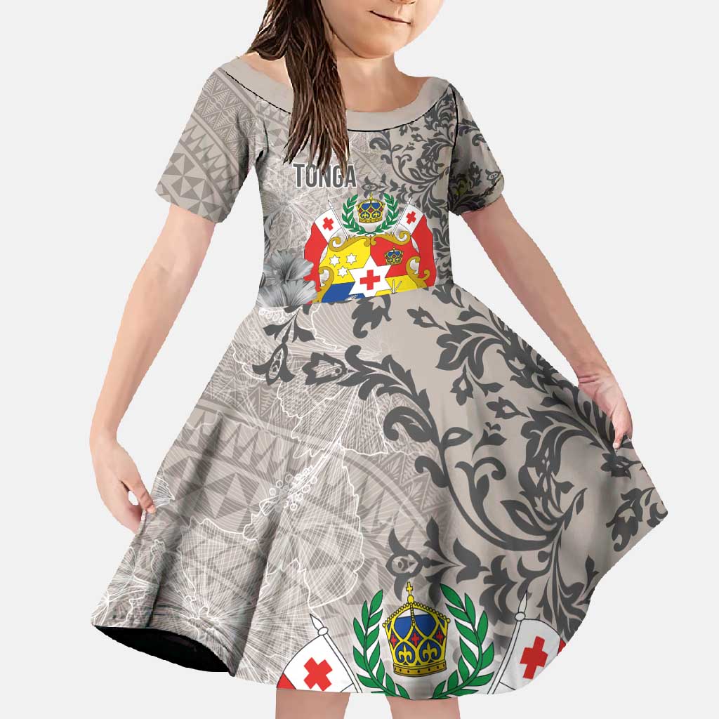 Tonga Culture Family Matching Mermaid Dress and Hawaiian Shirt Ngatu Pattern and Blooming Hibiscus LT03 Daughter's Dress Light Gray - Polynesian Pride