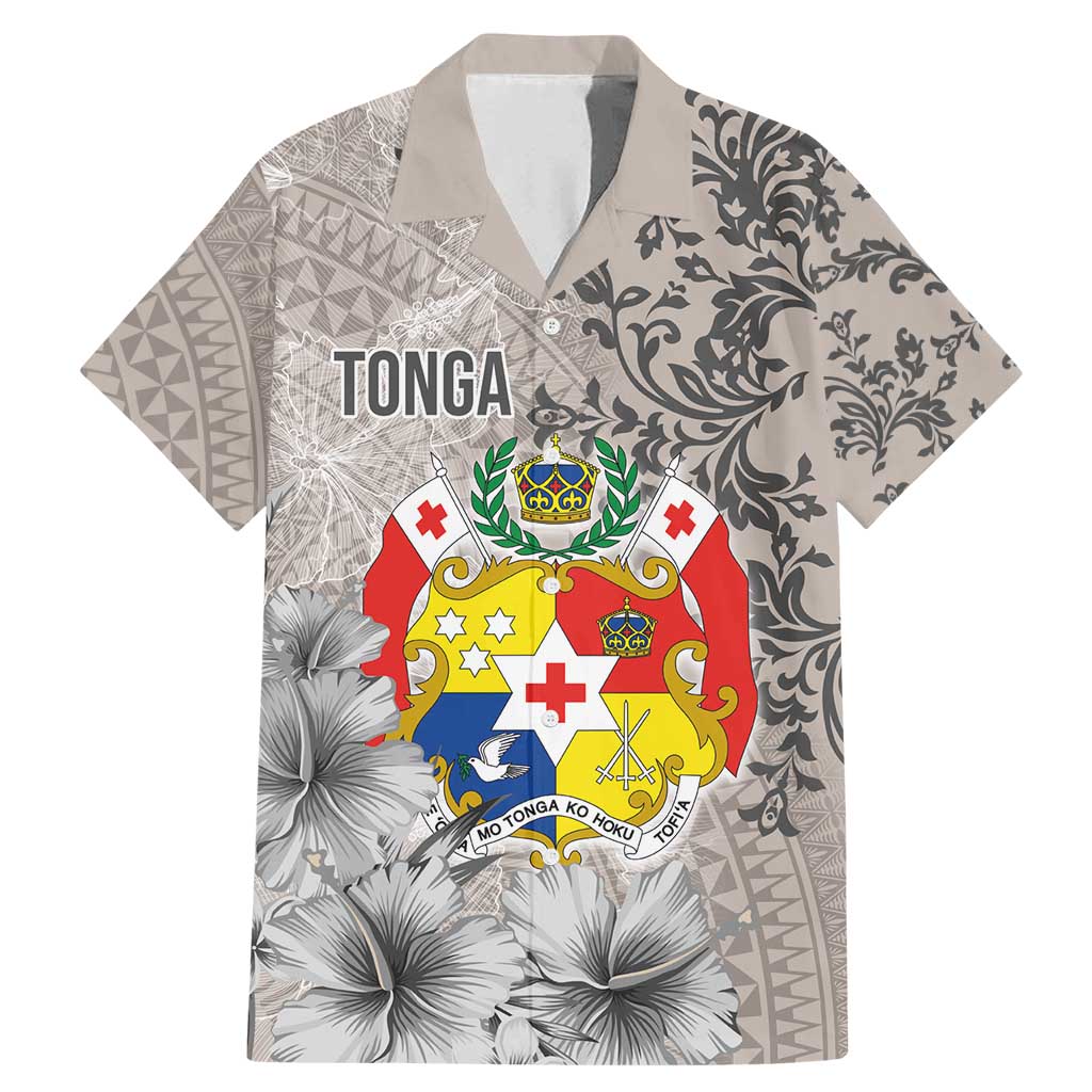 Tonga Culture Family Matching Mermaid Dress and Hawaiian Shirt Ngatu Pattern and Blooming Hibiscus LT03 Dad's Shirt - Short Sleeve Light Gray - Polynesian Pride