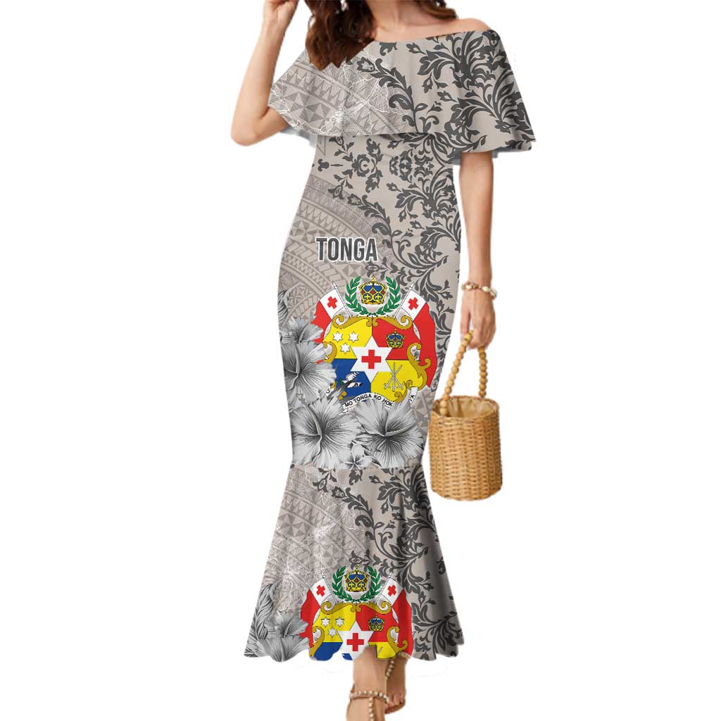 Tonga Culture Family Matching Mermaid Dress and Hawaiian Shirt Ngatu Pattern and Blooming Hibiscus LT03 Mom's Dress Light Gray - Polynesian Pride