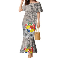 Tonga Culture Family Matching Mermaid Dress and Hawaiian Shirt Ngatu Pattern and Blooming Hibiscus LT03 Mom's Dress Light Gray - Polynesian Pride