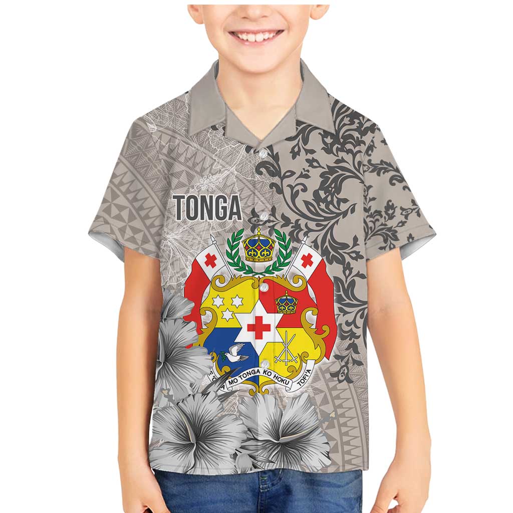 Tonga Culture Family Matching Mermaid Dress and Hawaiian Shirt Ngatu Pattern and Blooming Hibiscus LT03 Son's Shirt Light Gray - Polynesian Pride