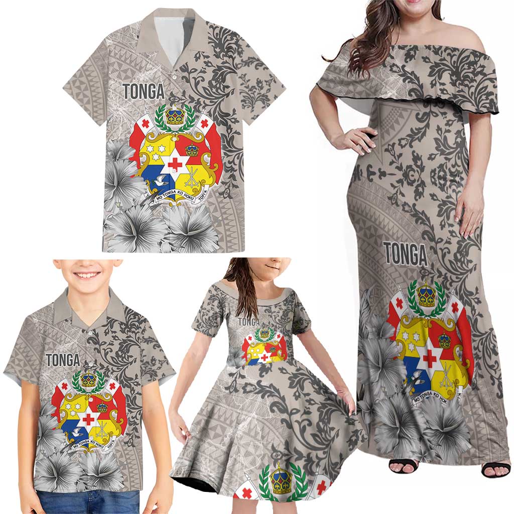 Tonga Culture Family Matching Off Shoulder Maxi Dress and Hawaiian Shirt Ngatu Pattern and Blooming Hibiscus