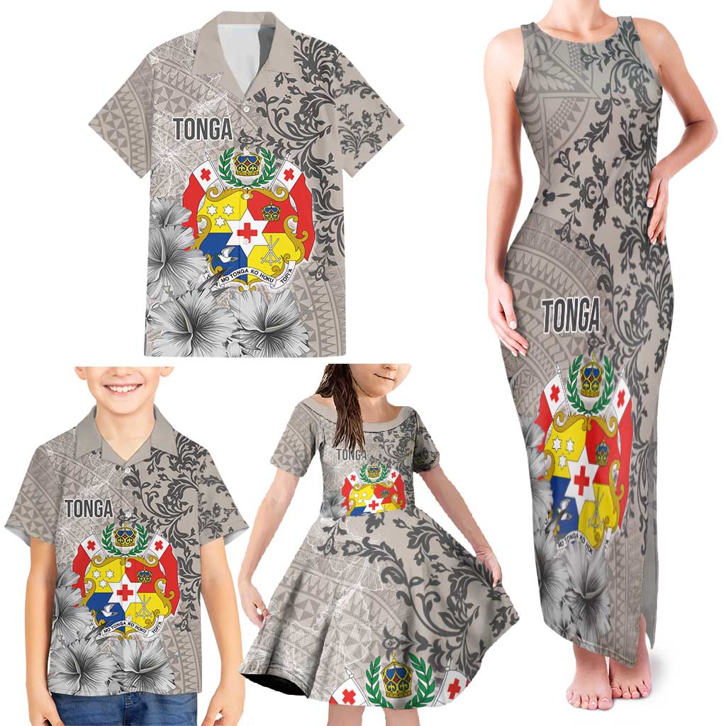 Tonga Culture Family Matching Tank Maxi Dress and Hawaiian Shirt Ngatu Pattern and Blooming Hibiscus