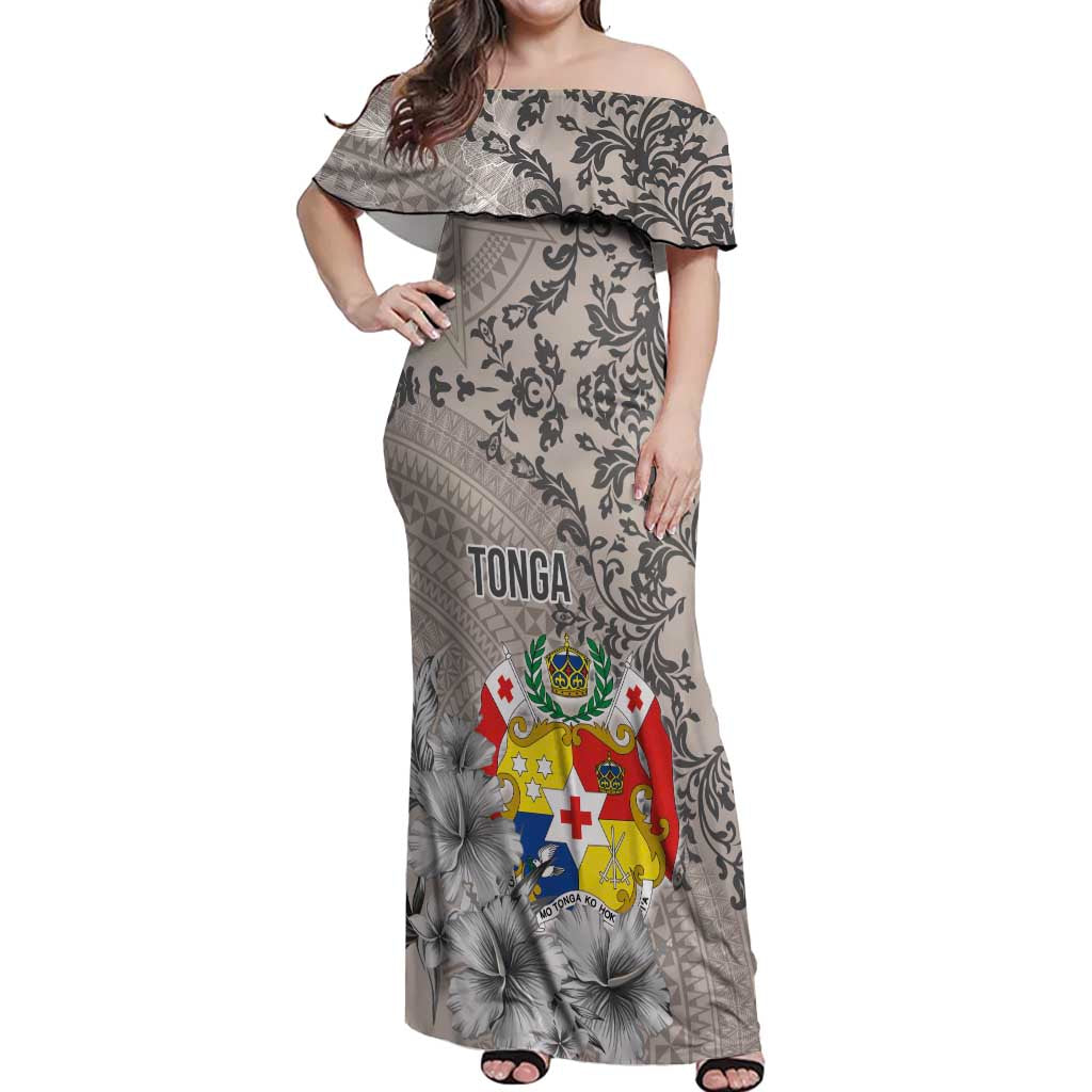 Tonga Culture Off Shoulder Maxi Dress Ngatu Pattern and Blooming Hibiscus