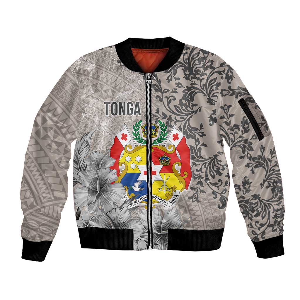 Tonga Culture Sleeve Zip Bomber Jacket Ngatu Pattern and Blooming Hibiscus