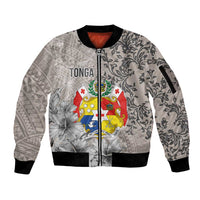 Tonga Culture Sleeve Zip Bomber Jacket Ngatu Pattern and Blooming Hibiscus LT03 Unisex Light Gray - Polynesian Pride