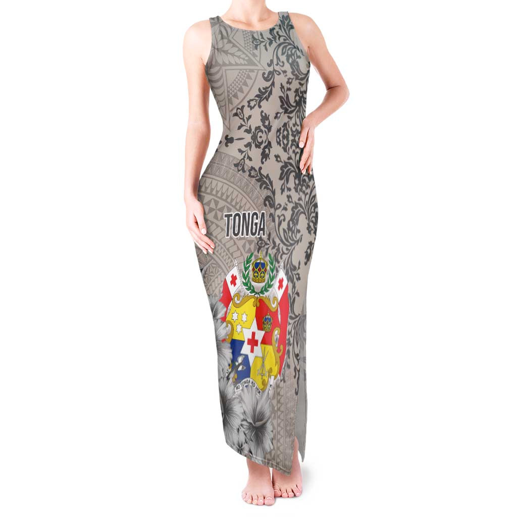 Tonga Culture Tank Maxi Dress Ngatu Pattern and Blooming Hibiscus