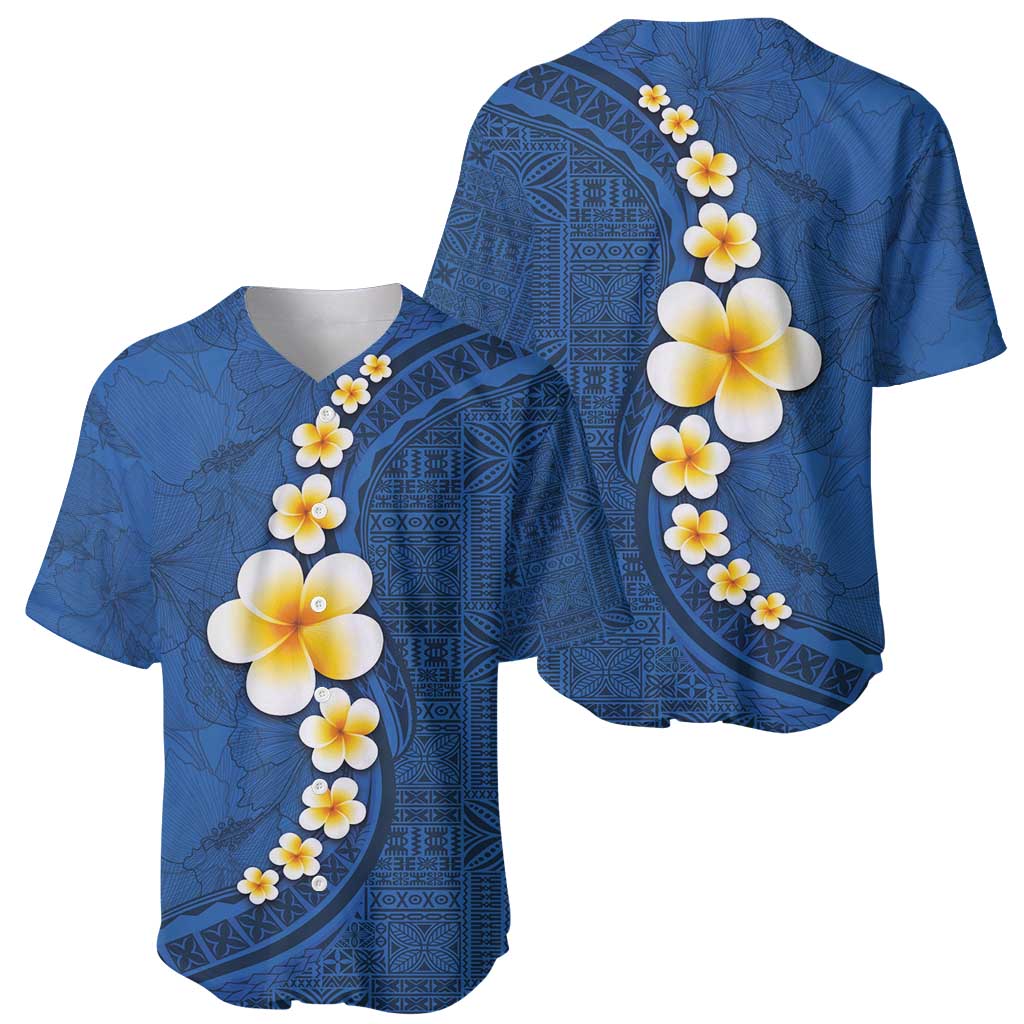 Polynesian Hibiscus and Plumeria with Tapa Pattern Baseball Jersey Blue Color