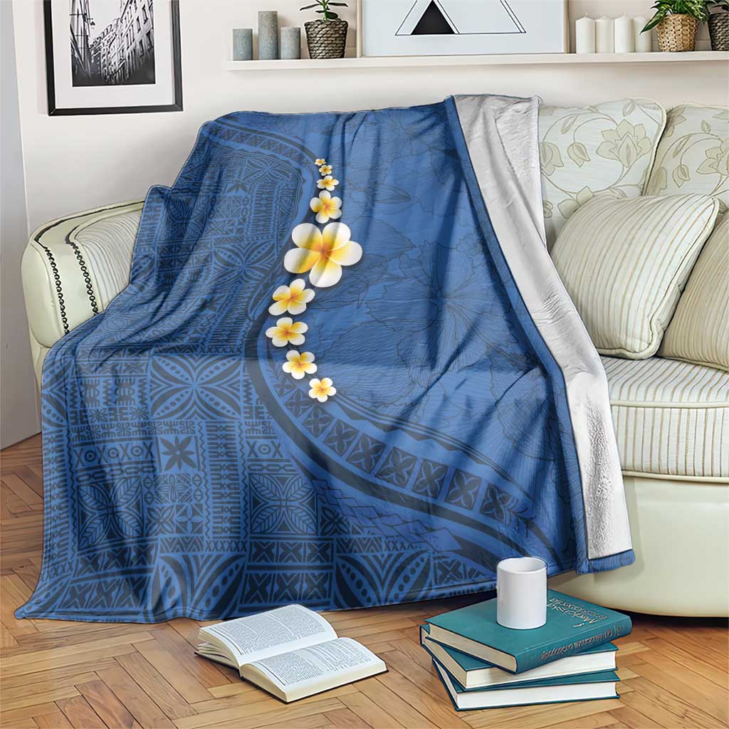 Polynesian Hibiscus and Plumeria with Tapa Pattern Blanket Blue Color