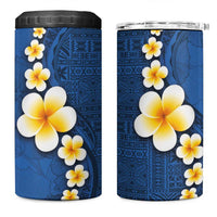 Polynesian Hibiscus and Plumeria with Tapa Pattern 4 in 1 Can Cooler Tumbler Blue Color