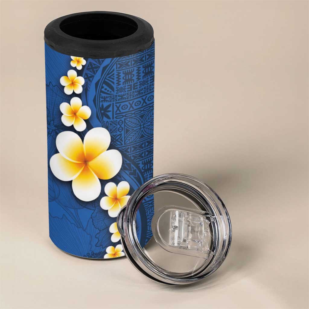 Polynesian Hibiscus and Plumeria with Tapa Pattern 4 in 1 Can Cooler Tumbler Blue Color