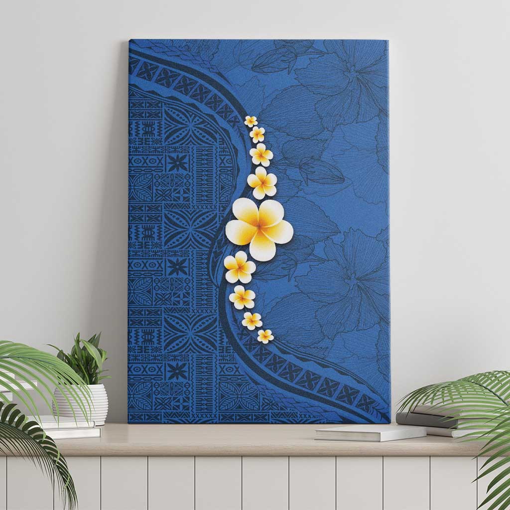 Polynesian Hibiscus and Plumeria with Tapa Pattern Canvas Wall Art Blue Color