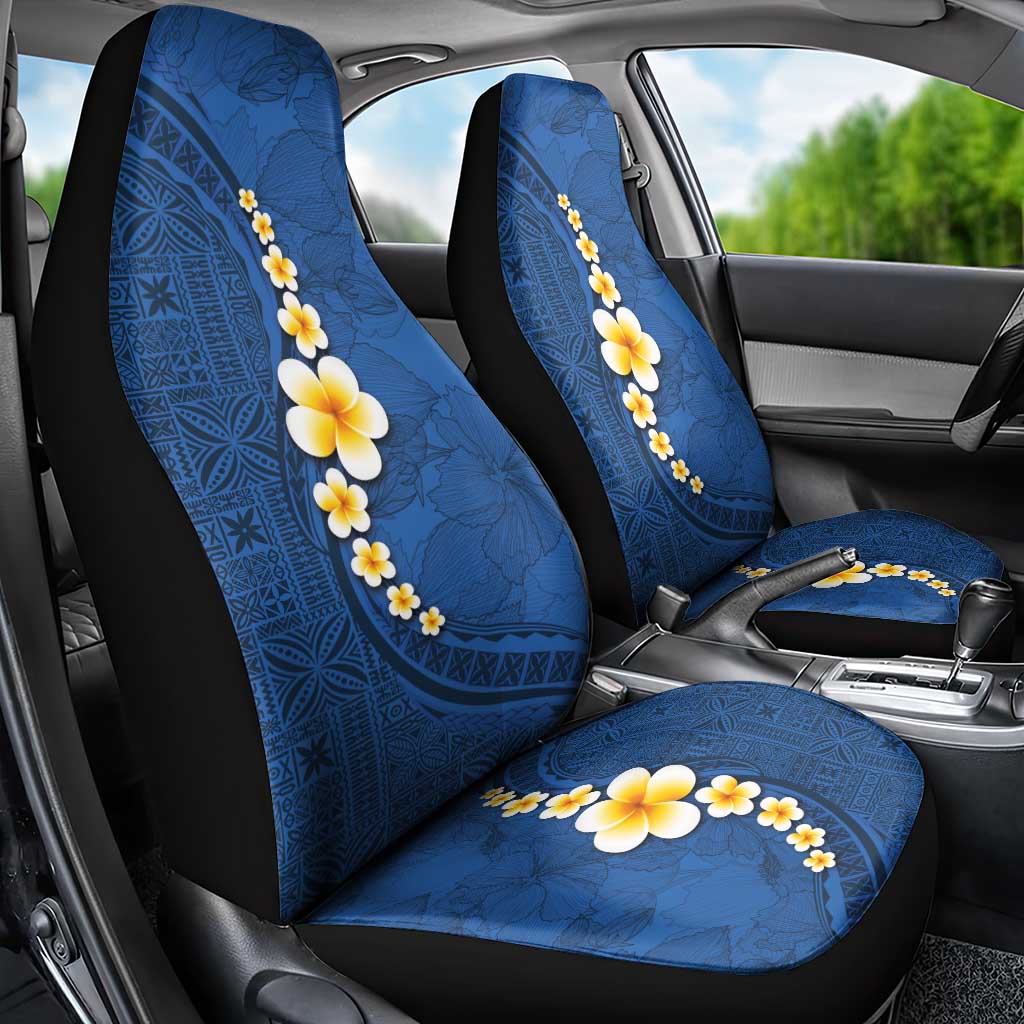 Polynesian Hibiscus and Plumeria with Tapa Pattern Car Seat Cover Blue Color