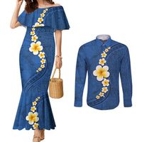 Polynesian Hibiscus and Plumeria with Tapa Pattern Couples Matching Mermaid Dress and Long Sleeve Button Shirt Blue Color LT03 Blue - Polynesian Pride