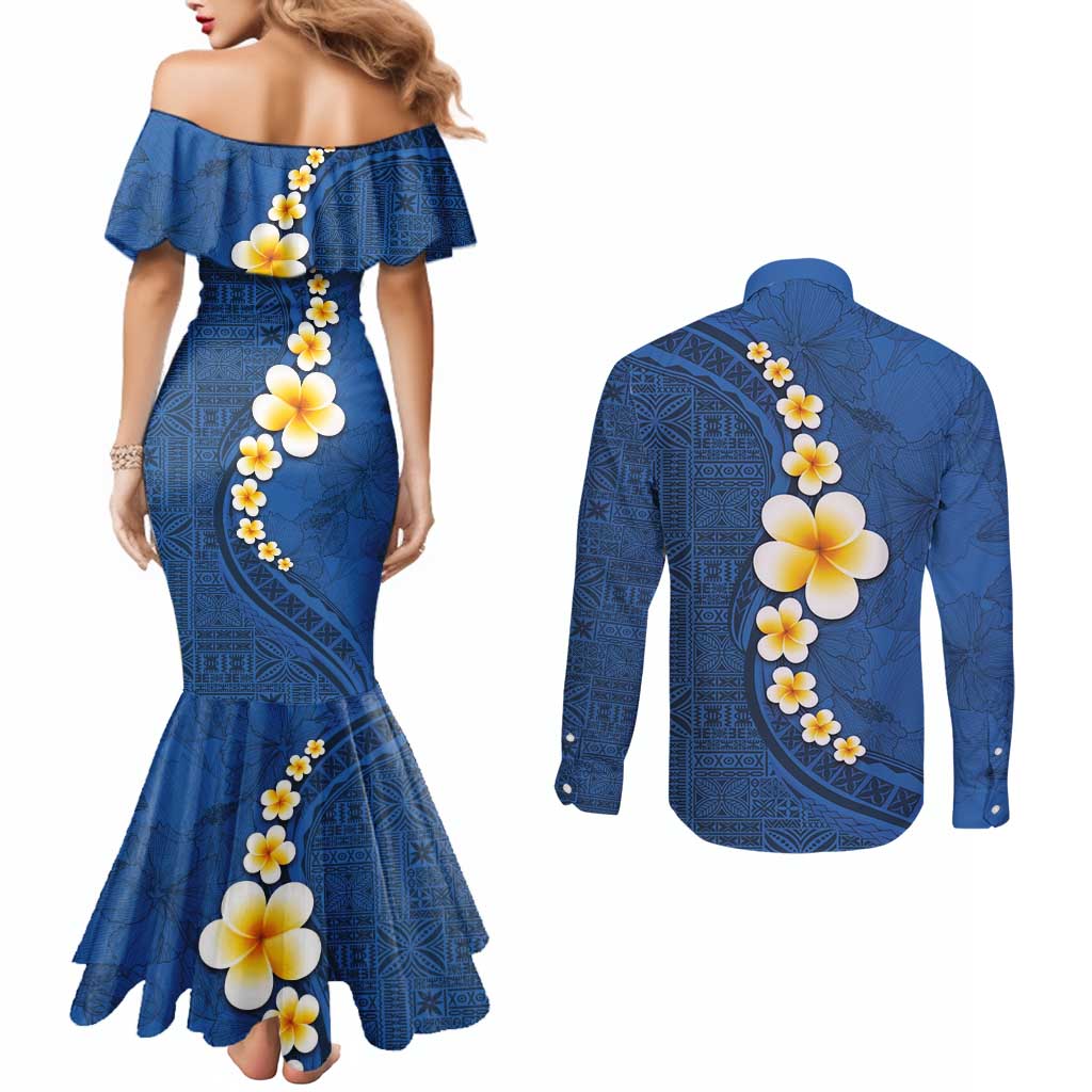 Polynesian Hibiscus and Plumeria with Tapa Pattern Couples Matching Mermaid Dress and Long Sleeve Button Shirt Blue Color LT03 - Polynesian Pride