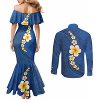 Polynesian Hibiscus and Plumeria with Tapa Pattern Couples Matching Mermaid Dress and Long Sleeve Button Shirt Blue Color LT03 - Polynesian Pride