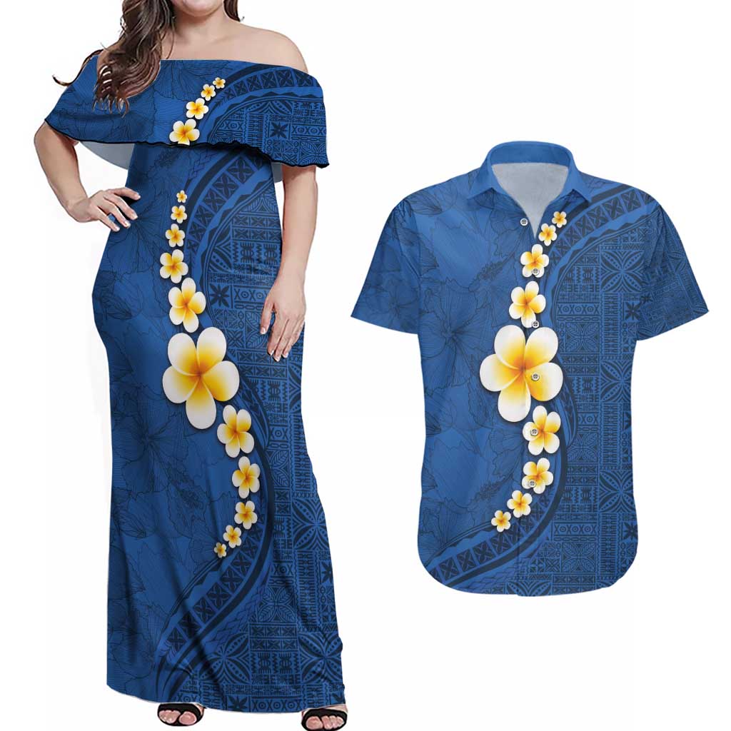 Polynesian Hibiscus and Plumeria with Tapa Pattern Couples Matching Off Shoulder Maxi Dress and Hawaiian Shirt Blue Color