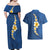 Polynesian Hibiscus and Plumeria with Tapa Pattern Couples Matching Off Shoulder Maxi Dress and Hawaiian Shirt Blue Color