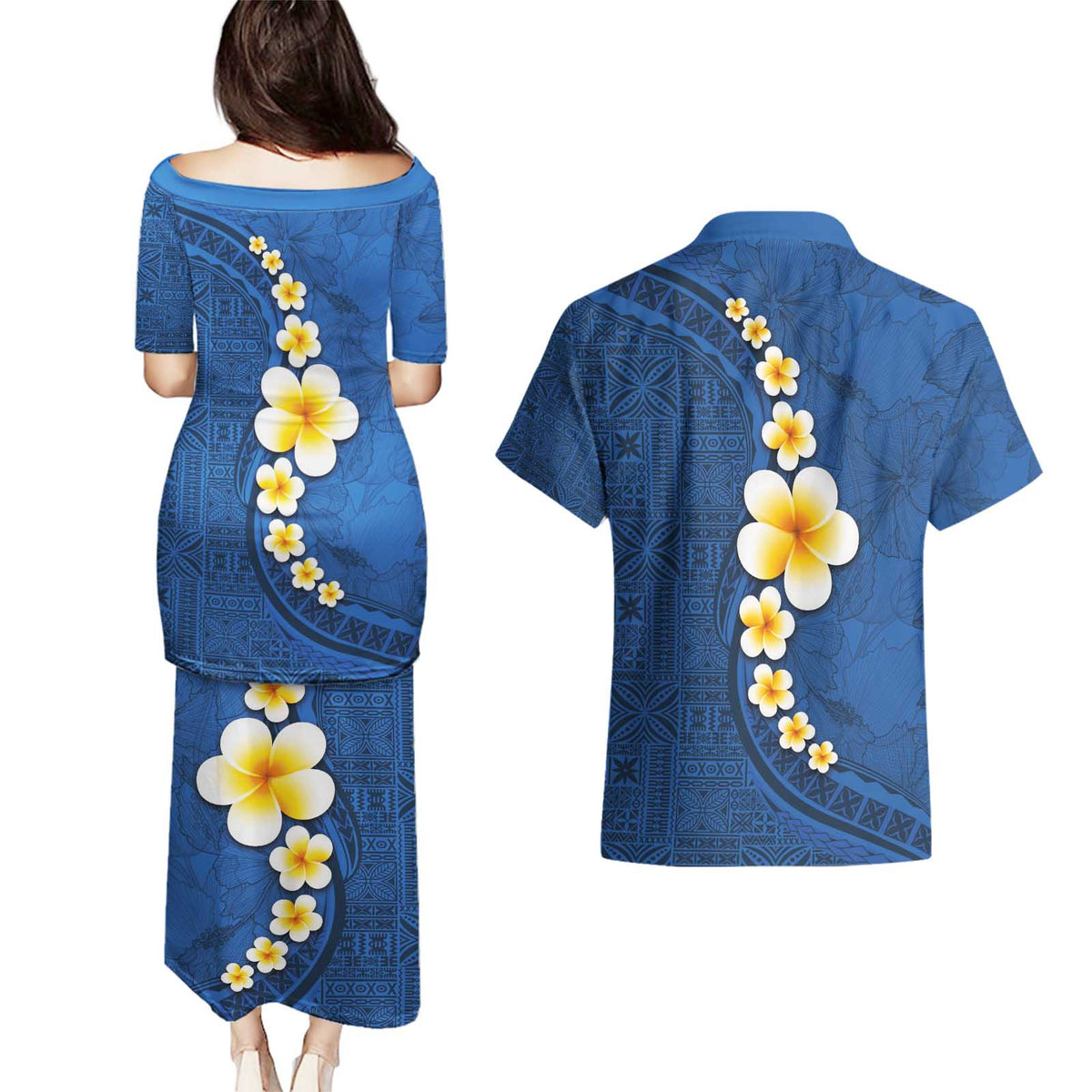Polynesian Hibiscus and Plumeria with Tapa Pattern Couples Matching Puletasi and Hawaiian Shirt Blue Color