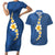 Polynesian Hibiscus and Plumeria with Tapa Pattern Couples Matching Short Sleeve Bodycon Dress and Hawaiian Shirt Blue Color