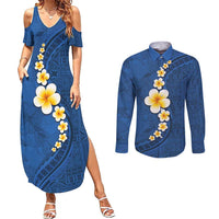 Polynesian Hibiscus and Plumeria with Tapa Pattern Couples Matching Summer Maxi Dress and Long Sleeve Button Shirt Blue Color