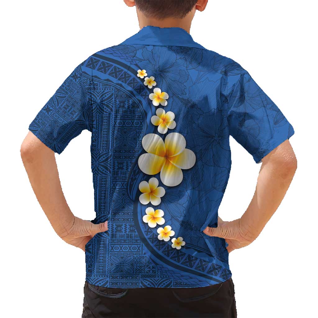 Polynesian Hibiscus and Plumeria with Tapa Pattern Family Matching Long Sleeve Bodycon Dress and Hawaiian Shirt Blue Color LT03 - Polynesian Pride