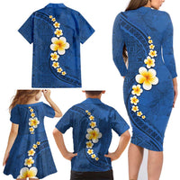 Polynesian Hibiscus and Plumeria with Tapa Pattern Family Matching Long Sleeve Bodycon Dress and Hawaiian Shirt Blue Color LT03 - Polynesian Pride