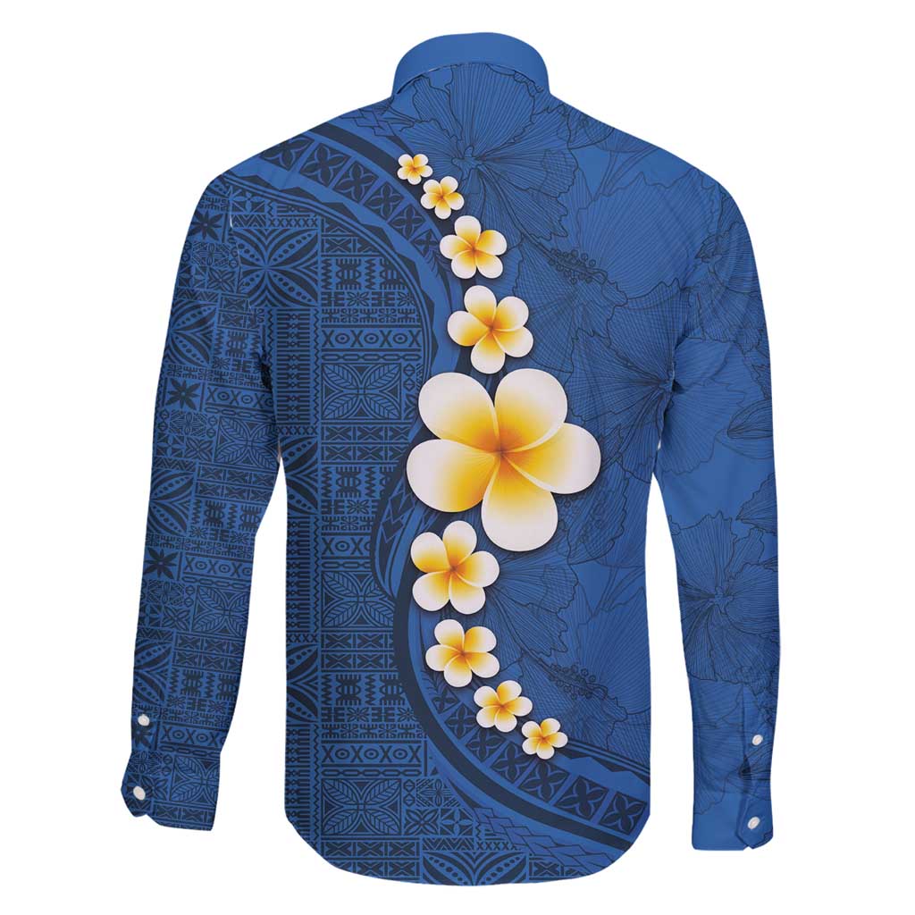 Polynesian Hibiscus and Plumeria with Tapa Pattern Family Matching Long Sleeve Bodycon Dress and Hawaiian Shirt Blue Color LT03 - Polynesian Pride