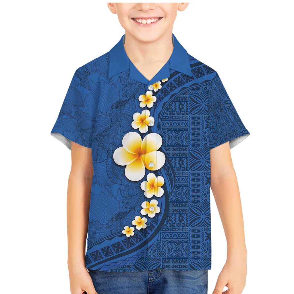 Polynesian Hibiscus and Plumeria with Tapa Pattern Family Matching Mermaid Dress and Hawaiian Shirt Blue Color LT03 Son's Shirt Blue - Polynesian Pride