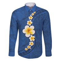 Polynesian Hibiscus and Plumeria with Tapa Pattern Family Matching Off Shoulder Maxi Dress and Hawaiian Shirt Blue Color LT03 Dad's Shirt - Long Sleeve Blue - Polynesian Pride