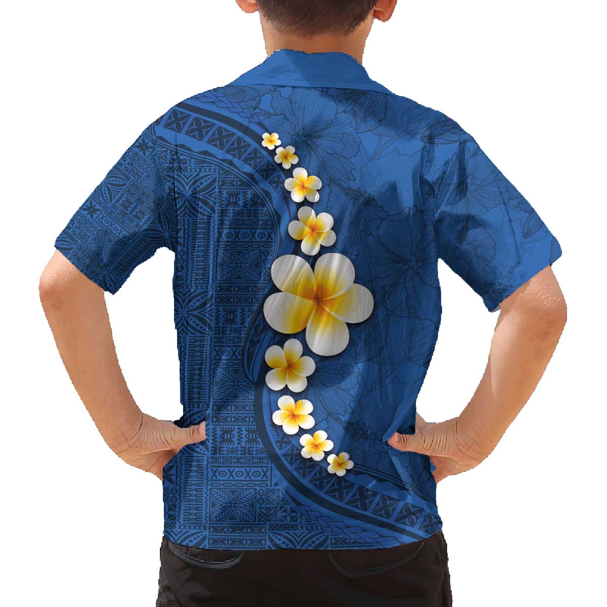 Polynesian Hibiscus and Plumeria with Tapa Pattern Family Matching Off Shoulder Short Dress and Hawaiian Shirt Blue Color