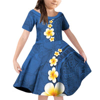 Polynesian Hibiscus and Plumeria with Tapa Pattern Family Matching Off Shoulder Short Dress and Hawaiian Shirt Blue Color