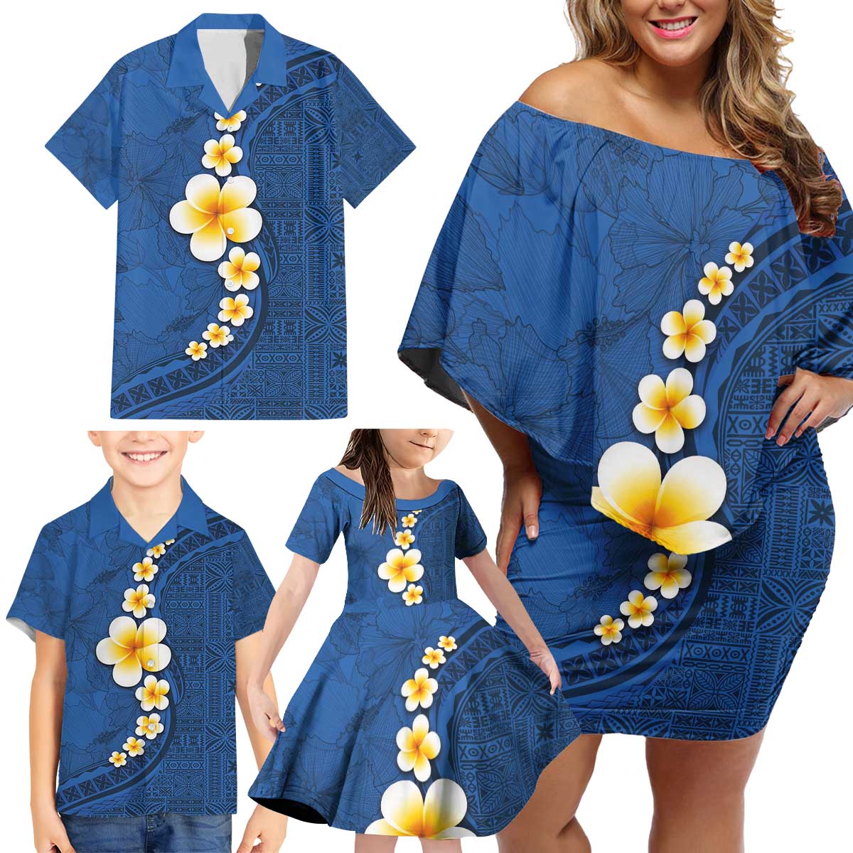 Polynesian Hibiscus and Plumeria with Tapa Pattern Family Matching Off Shoulder Short Dress and Hawaiian Shirt Blue Color