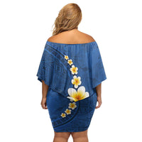 Polynesian Hibiscus and Plumeria with Tapa Pattern Family Matching Off Shoulder Short Dress and Hawaiian Shirt Blue Color