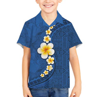 Polynesian Hibiscus and Plumeria with Tapa Pattern Family Matching Off Shoulder Short Dress and Hawaiian Shirt Blue Color