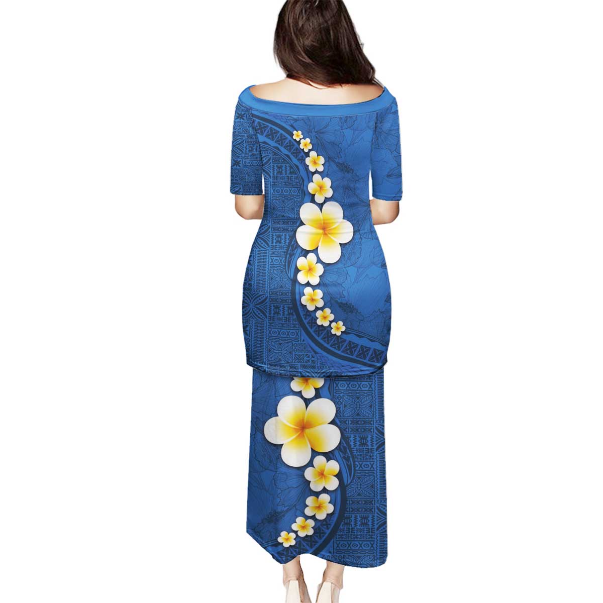 Polynesian Hibiscus and Plumeria with Tapa Pattern Family Matching Puletasi and Hawaiian Shirt Blue Color