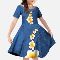 Polynesian Hibiscus and Plumeria with Tapa Pattern Family Matching Short Sleeve Bodycon Dress and Hawaiian Shirt Blue Color LT03 Daughter's Dress Blue - Polynesian Pride