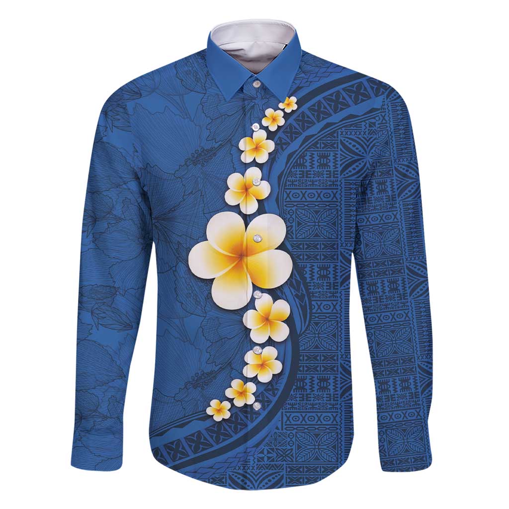Polynesian Hibiscus and Plumeria with Tapa Pattern Family Matching Short Sleeve Bodycon Dress and Hawaiian Shirt Blue Color LT03 Dad's Shirt - Long Sleeve Blue - Polynesian Pride