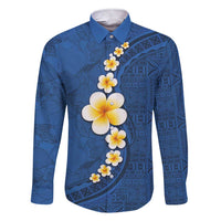 Polynesian Hibiscus and Plumeria with Tapa Pattern Family Matching Short Sleeve Bodycon Dress and Hawaiian Shirt Blue Color LT03 Dad's Shirt - Long Sleeve Blue - Polynesian Pride