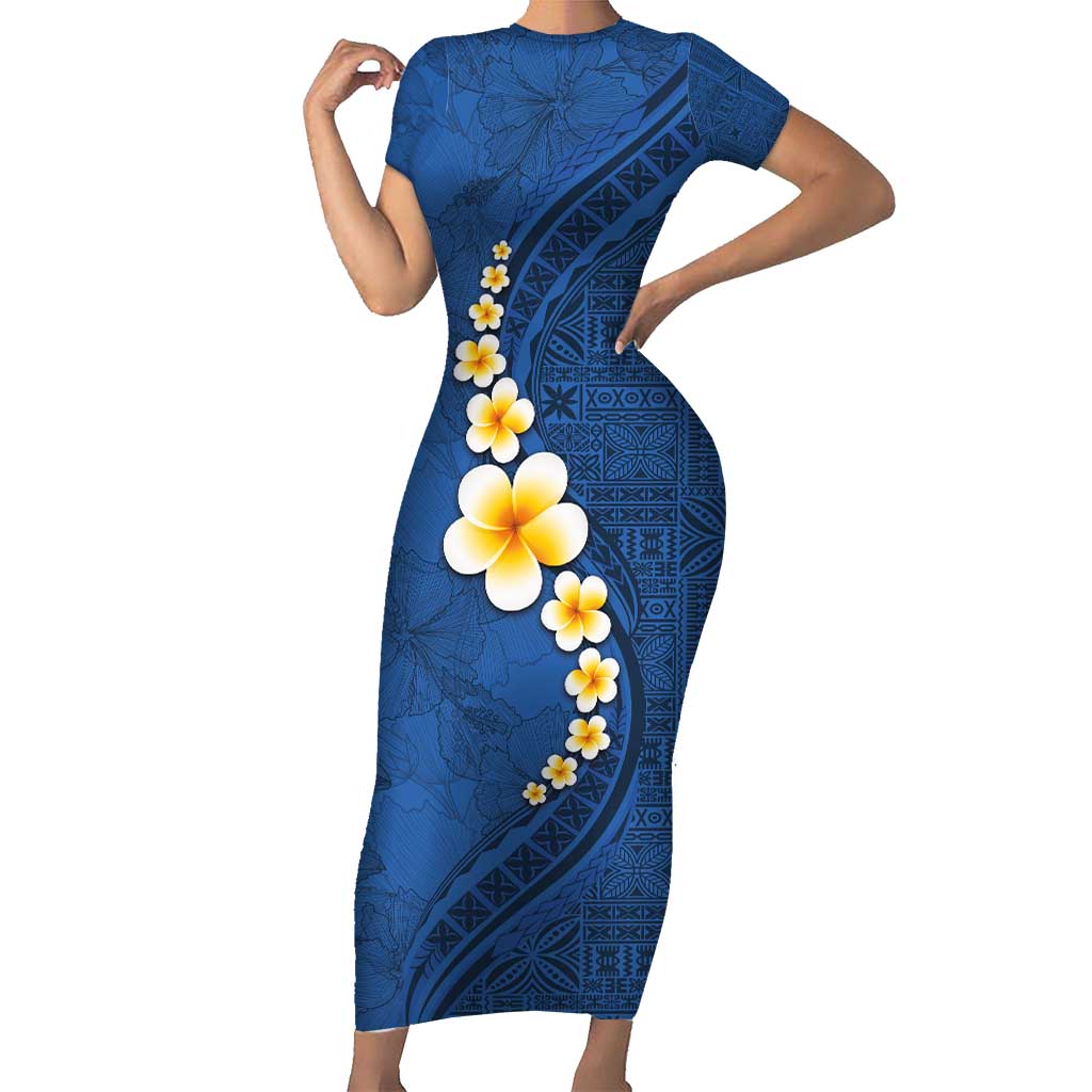 Polynesian Hibiscus and Plumeria with Tapa Pattern Family Matching Short Sleeve Bodycon Dress and Hawaiian Shirt Blue Color LT03 Mom's Dress Blue - Polynesian Pride
