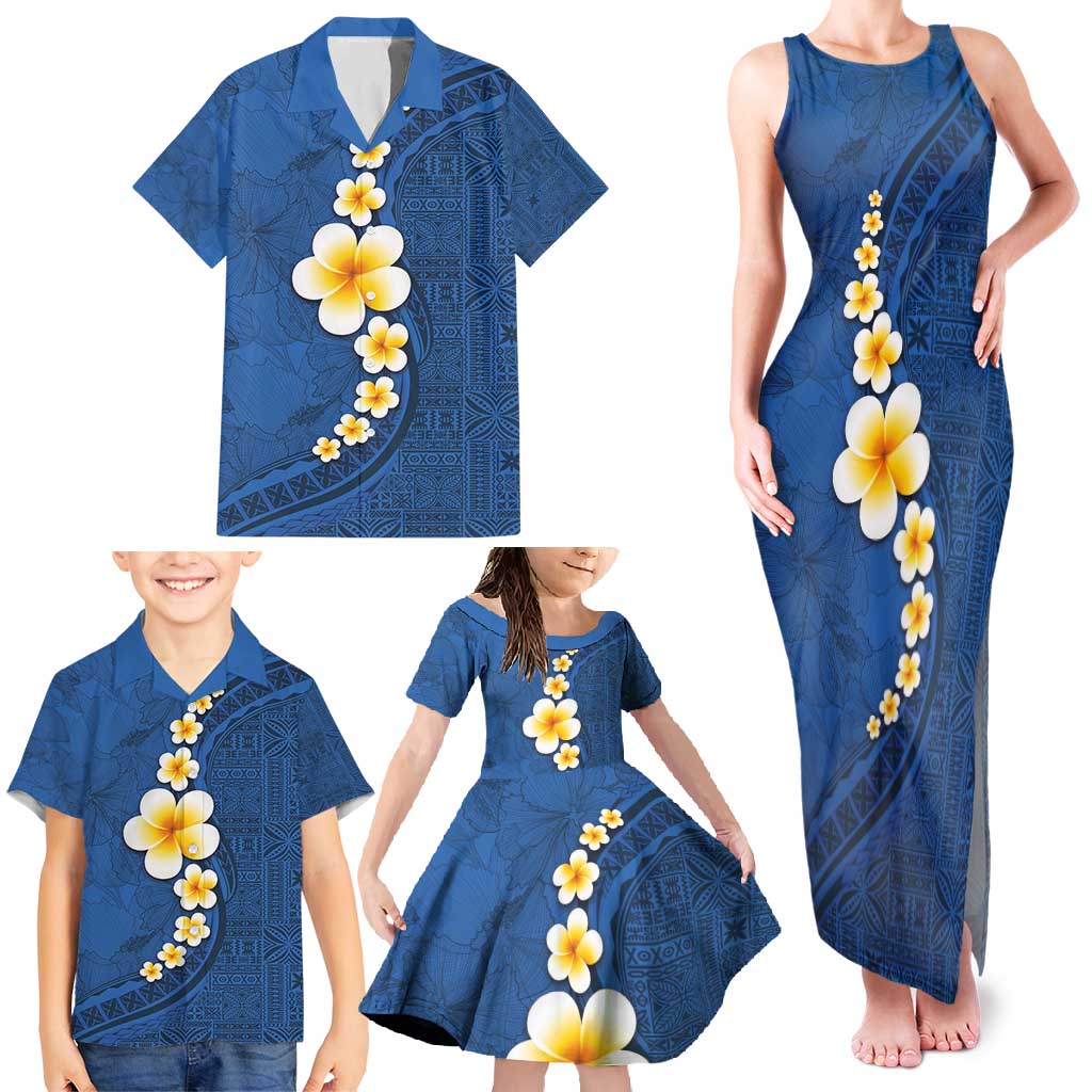 Polynesian Hibiscus and Plumeria with Tapa Pattern Family Matching Tank Maxi Dress and Hawaiian Shirt Blue Color