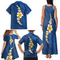 Polynesian Hibiscus and Plumeria with Tapa Pattern Family Matching Tank Maxi Dress and Hawaiian Shirt Blue Color