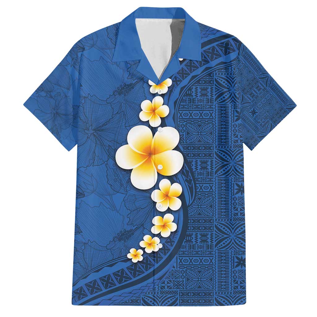 Polynesian Hibiscus and Plumeria with Tapa Pattern Family Matching Tank Maxi Dress and Hawaiian Shirt Blue Color