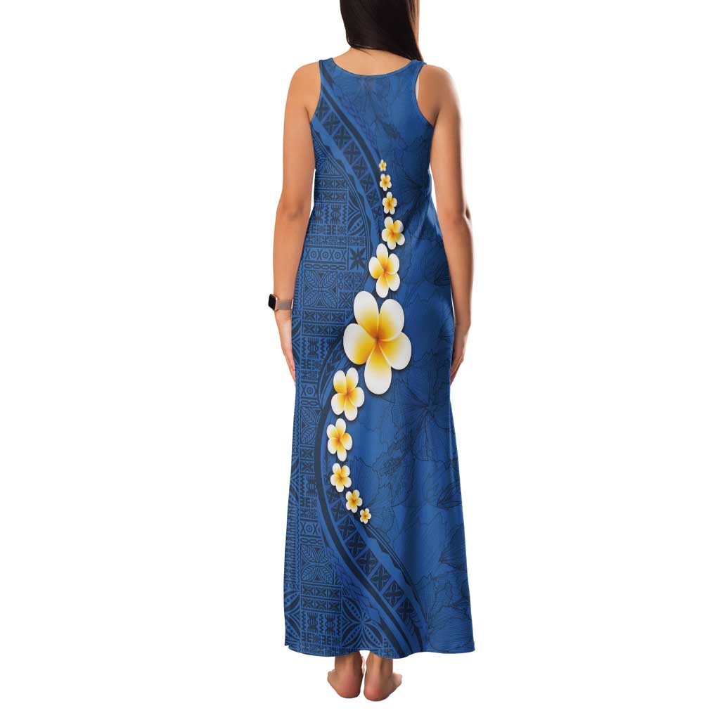 Polynesian Hibiscus and Plumeria with Tapa Pattern Family Matching Tank Maxi Dress and Hawaiian Shirt Blue Color