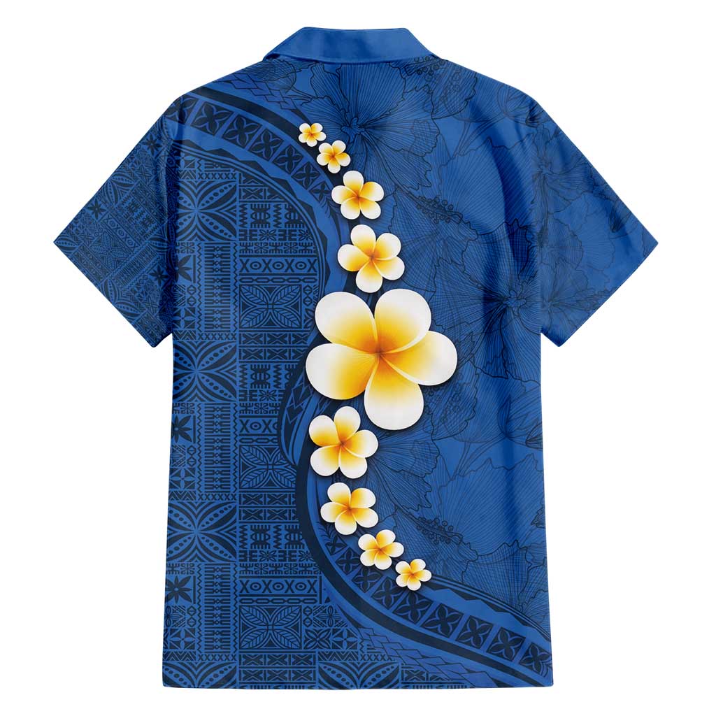 Polynesian Hibiscus and Plumeria with Tapa Pattern Hawaiian Shirt Blue Color