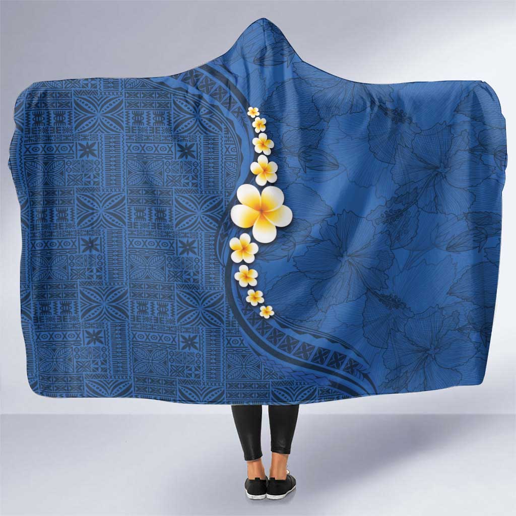 Polynesian Hibiscus and Plumeria with Tapa Pattern Hooded Blanket Blue Color