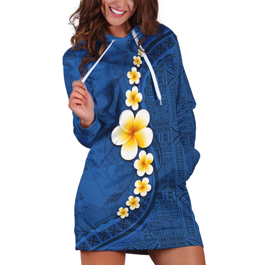 Polynesian Hibiscus and Plumeria with Tapa Pattern Hoodie Dress Blue Color