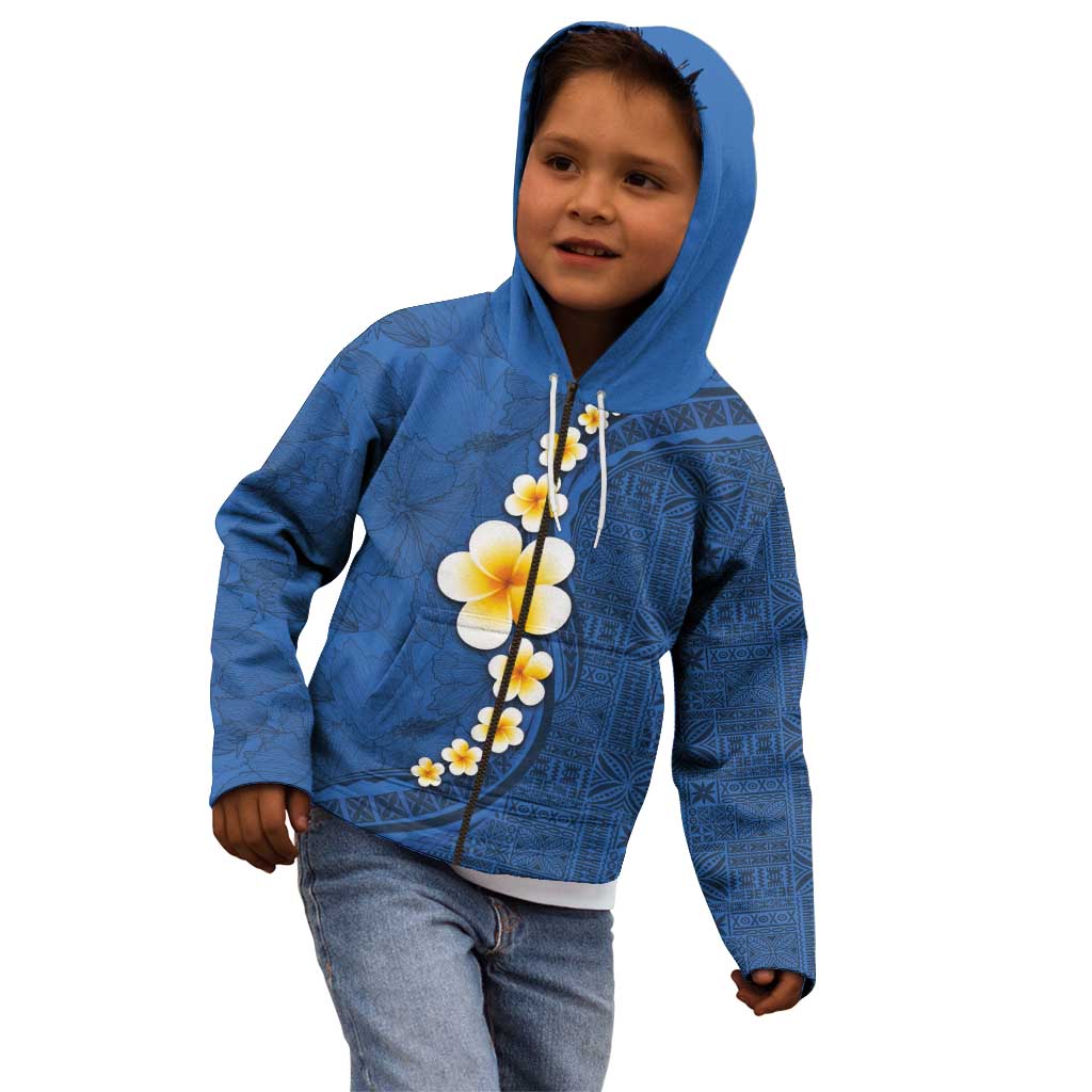 Polynesian Hibiscus and Plumeria with Tapa Pattern Kid Hoodie Blue Color
