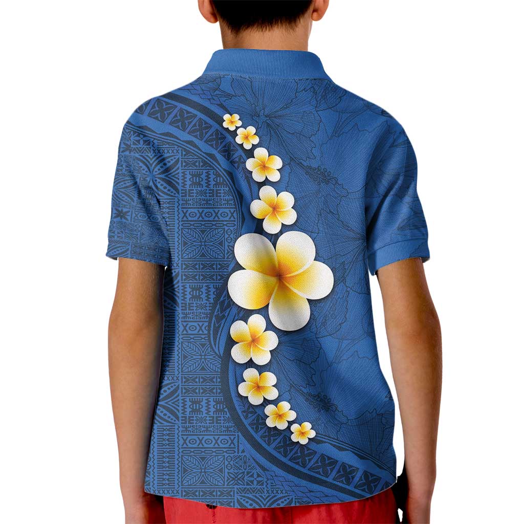 Polynesian Hibiscus and Plumeria with Tapa Pattern Kid Polo Shirt Blue Color